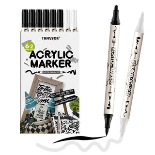 TRANSON 6 Black and 2 White Paint Pens Bold and Brush Dual-tip