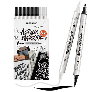 TRANSON 6 Black and 2 White Paint Pens Brush and Fine Dual-tip