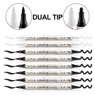 TRANSON 6 Black and 2 White Paint Pens Bold and Brush Dual-tip