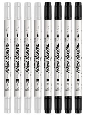 TRANSON 4 Black and 4 White Paint Pens Brush and Fine Dual-tip Acrylic Paint Marker Set