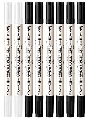 TRANSON 6 Black and 2 White Paint Pens Bold and Brush Dual-tip