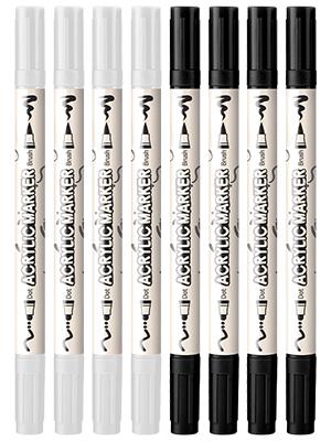 TRANSON 4 Black and 4 White Paint Pens Brush and Bold Dual-tip