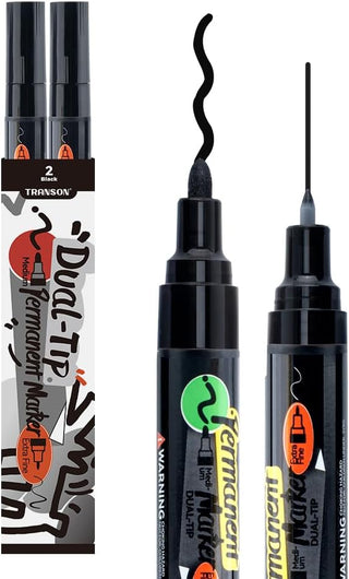 TRANSON 2 Black Dual-tip Permanent Paint Markers Oil Based Waterproof