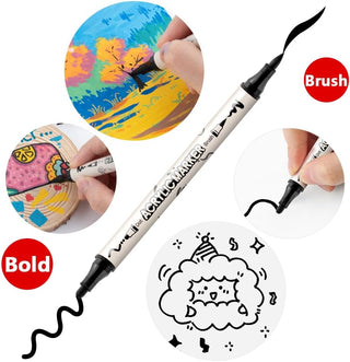 TRANSON 8 Pack Black Brush and Bold Dual-tip Acrylic Paint Pen for DIY Glass Canvas Wood Leather Ceramic Rock Painting