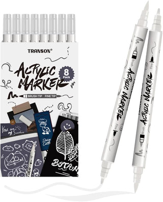 Product image TRANSON 8 Pack White Brush and Fine Dual-tip Acrylic Paint Pen for DIY Glass Canvas Wood Leather Ceramic Rock Painting