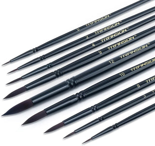 Transon Round Paint Brush Set 9pcs Synthetic Sable Hair for Acrylic Painting Watercolor Painting Gouache Ink Craft and Detail Painting Black Color