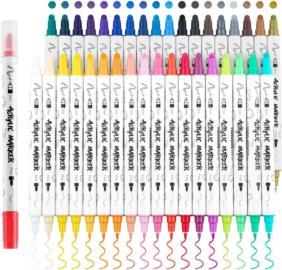 12 Colors Dual Tip Acrylic Paint Pens, 1-5MM Edium Tip and 1 MM Brush Tip,  Permanent Acrylic Markers Pens for Rock