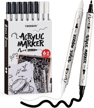 6 Black and 2 White Paint Pens Bold and Fine Dual-tip Acrylic Paint Marker